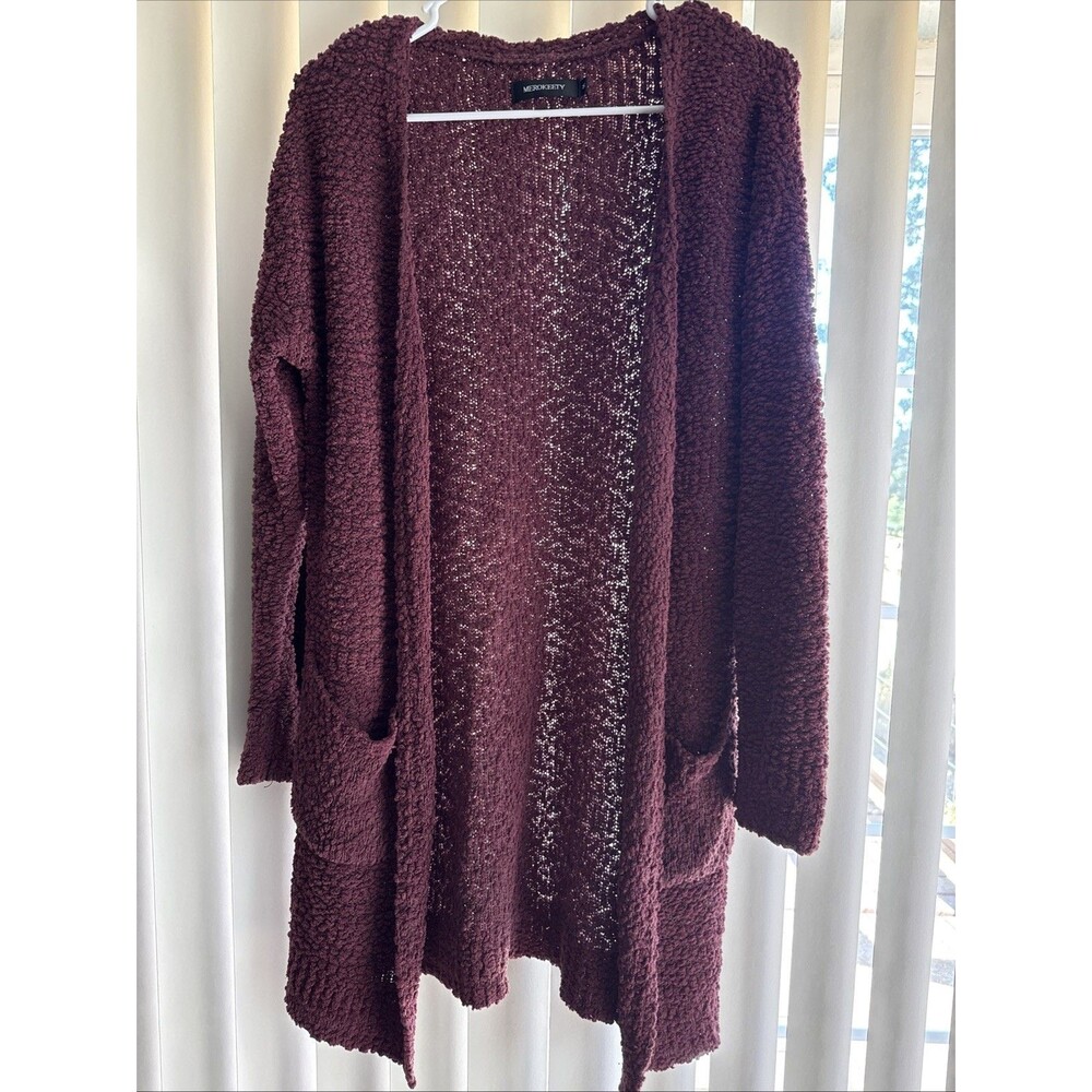 Merokeety Womens Burgundy Long Fluffy Cardigan Size M Open Front